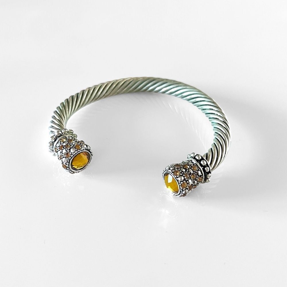 Silver Twisted Cable CitrineāCrystal Pave Open Bangle Bracelet